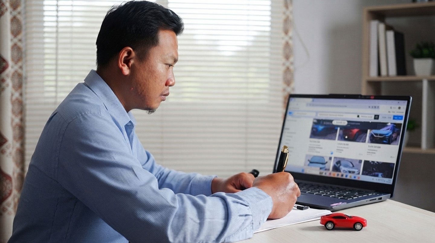 Femme consultant plateformes de cotation automobile françaises sur ordinateur portable et smartphone, comparant prix et annonces Peugeot 208 avec notes manuscrites sur table de travail domestique