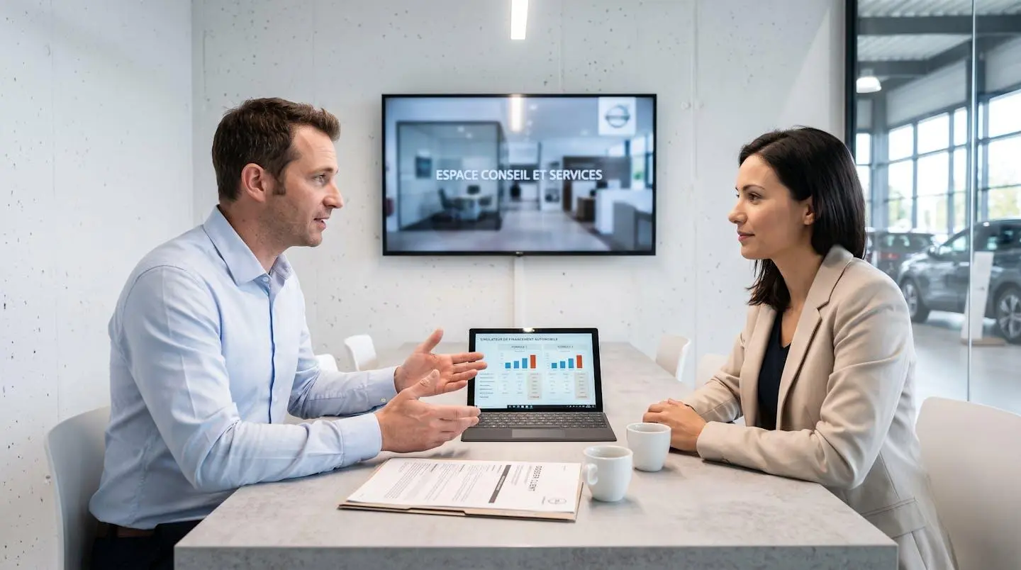 Conseiller financier automobile et cliente consultant simulateur de financement LOA sur tablette dans bureau de concession française, documents contrat et tasses de café sur table blanche