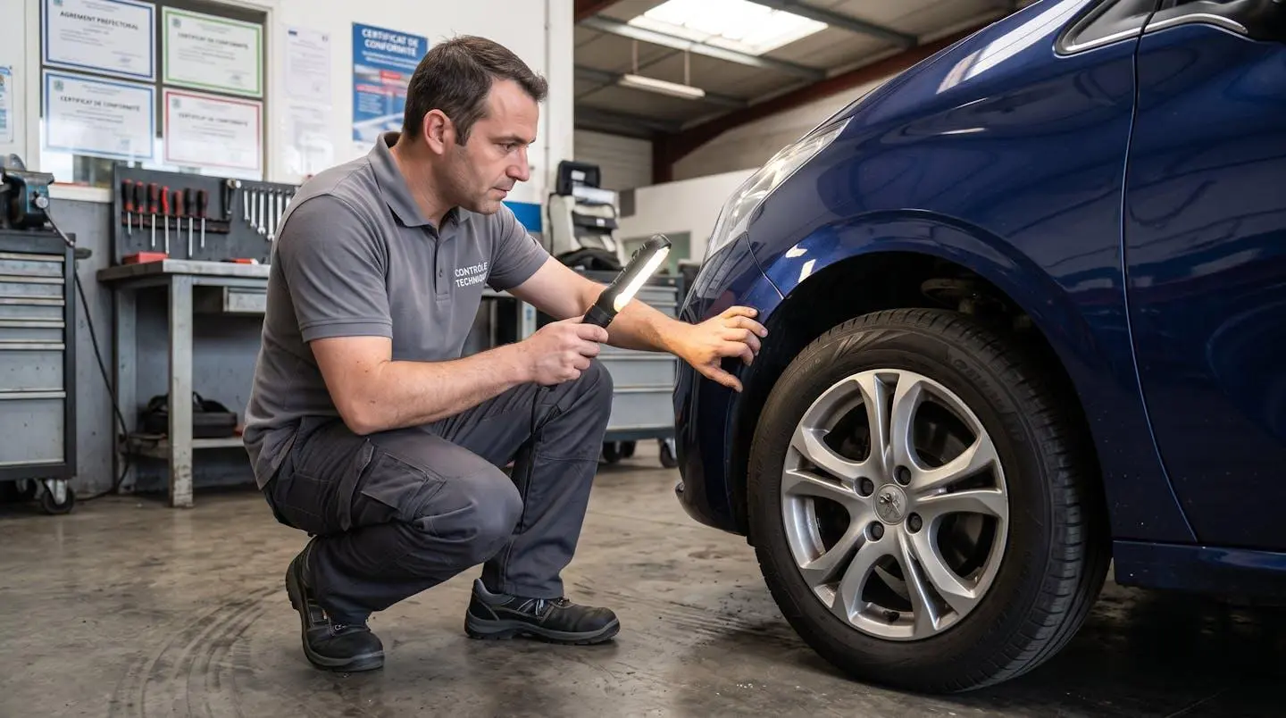 Professionnel automobile inspectant le passage de roue d'une Peugeot 208 avec lampe LED dans atelier de contrôle français, vérifiant état carrosserie et impacts potentiels